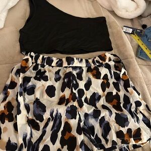 Black One-Shoulder Top with Animal Print Shorts
